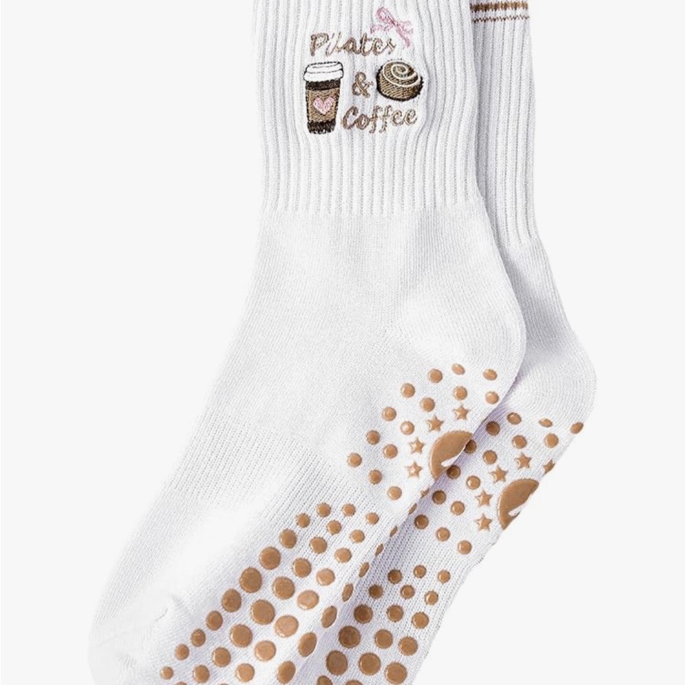 White Pilates Coffee and Bow Socks - Two Pairs